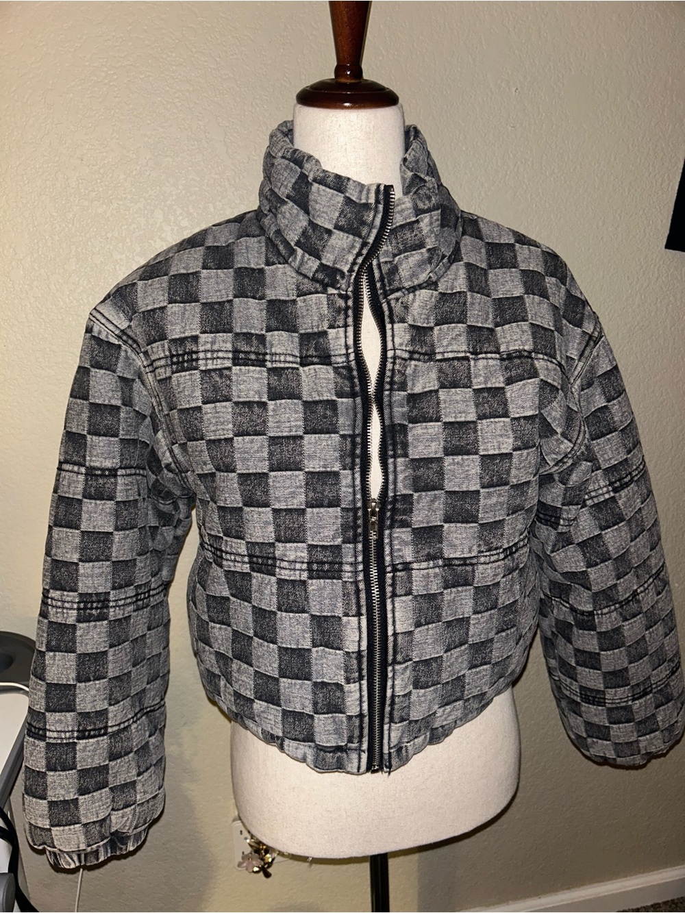 12th Tribe Gray and Black Denim Checkered Puffer Bomber Jacket